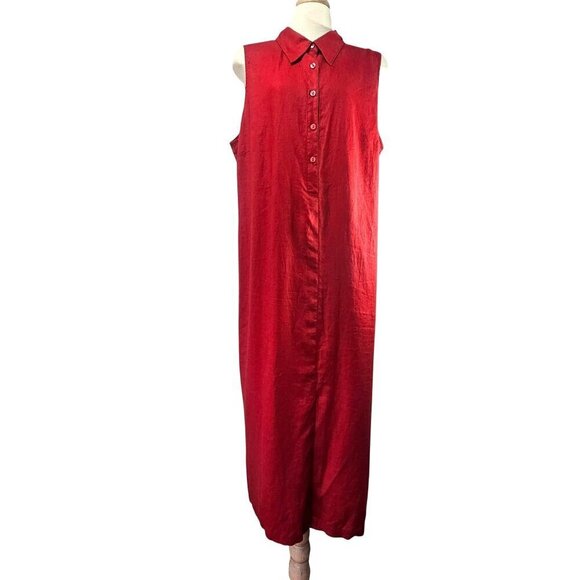 Avenue Washable Linen Maxi Shirt Dress Plus Sz 18/20 Red Slveless LaceUp Back - Picture 2 of 8